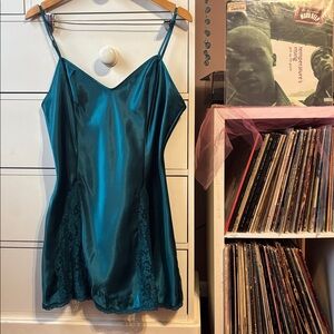 90’s Victoria Secret Vintage Mini Slip Naked Dress Green Large Swing Satin Sexy